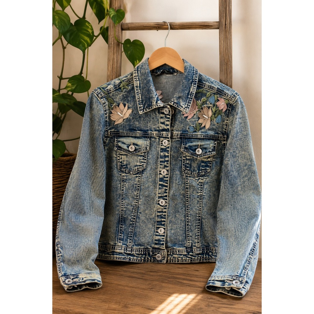 Floral Embroidered Denim Jacket Cottagecore Blue Jean Coat Coquette Boho‎ L